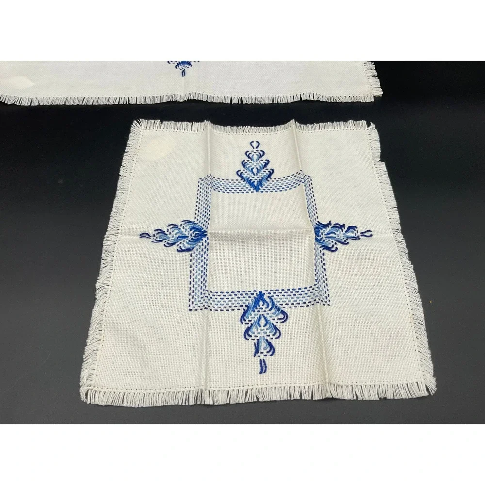 1950s Hand-Embroidered Korean Doily Pair with Blue Motif, Cottage Industry Label